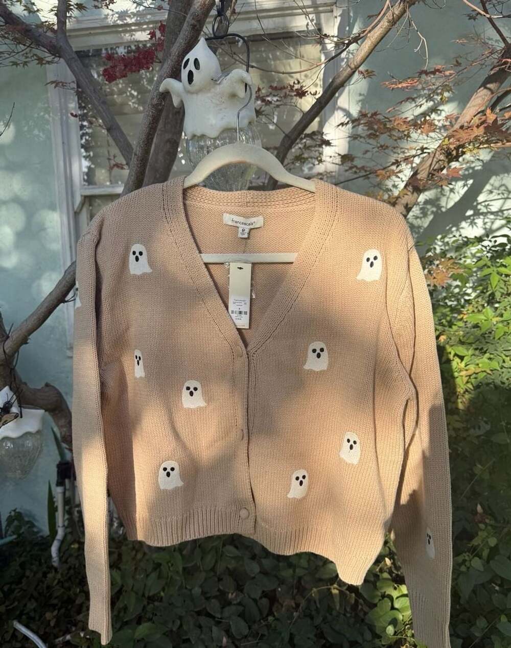 francesca's Ghost Cardigan Sweater Size M Taupe Halloween Knit